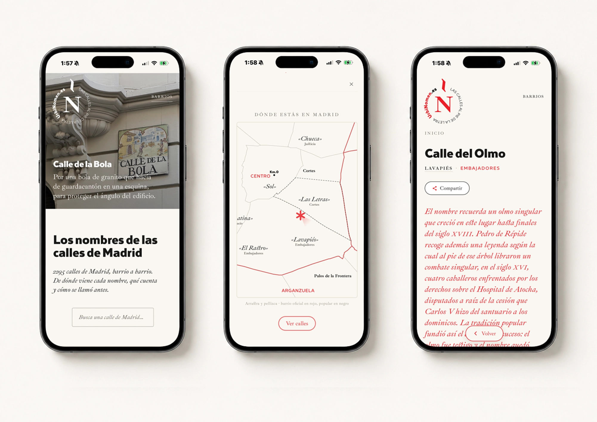 El sitio de UrbiNomen en el móvil: ficha de calle, mapa de ubicación y barrio